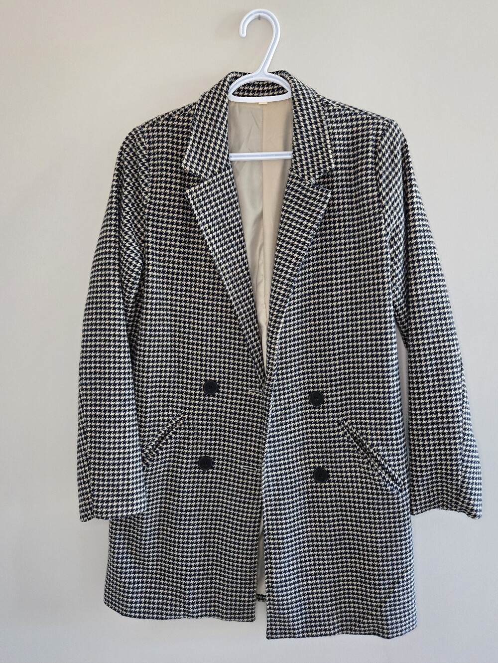 Womens black + tan houndstooth double-breasted blazer coat, lined, small + new